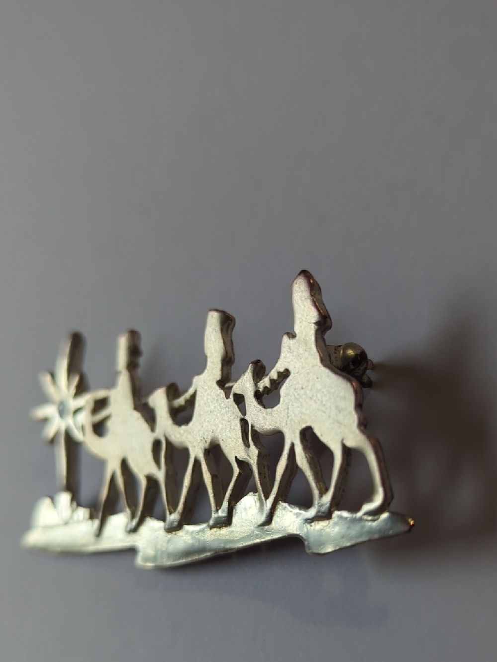 Silver Toned Wise Men On Camels North Star Brooch W/ Rhinestone In Star Vintage